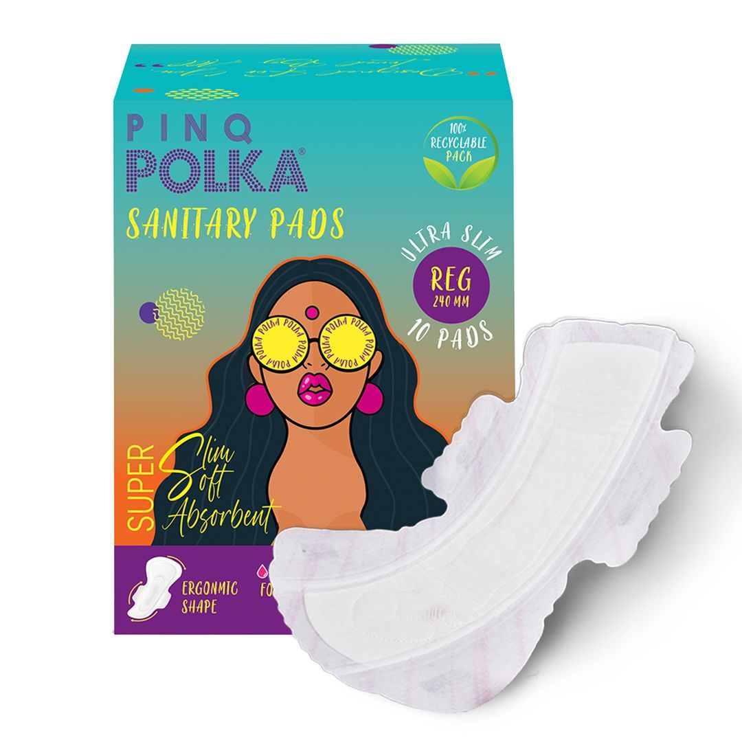 PINQ POLKA Sanitary Pads For Women |10 Pads Regular 240MM |Premium Ultra Thin Medium Flow|Organic Cotton Soft feel Rash Free| Biodegradable Diposable Bags |No leakage| Toxic Free |No Wetness