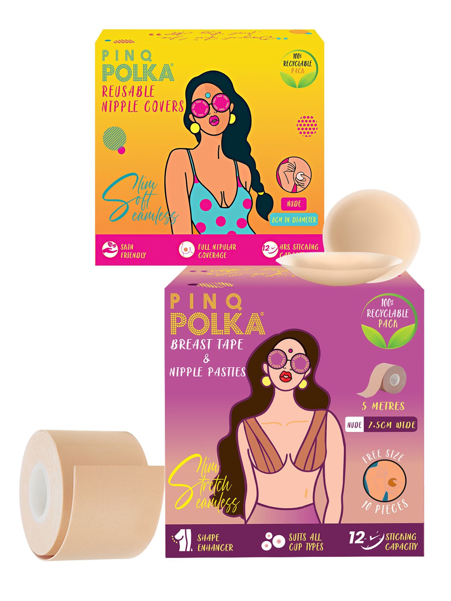 PINQ POLKA Premium Reusable Nipple Cover (2 pcs) & Breast Tape (Nude) for Push up/Lift (1 Pc)