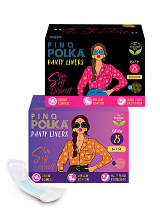 PINQ POLKA Super-Soft Ultra Slim Pantyliners for Intimate Hygiene of Women, Regular(155mm) and Large(180mm) - Pack of 2-50 Pieces