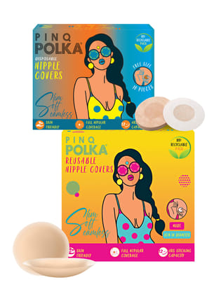 PINQ POLKA Ultra Slim Unisex Nipple Covers with Long-Lasting Sticking Capacity, Reusable (2 Pcs) and Disposable (10 Pcs) - Pack of 2