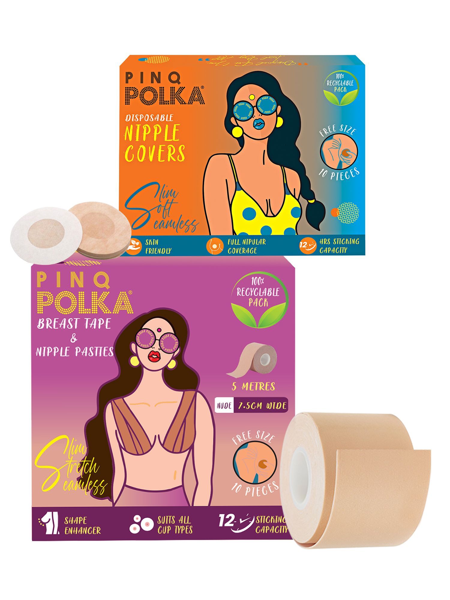 PINQ POLKA Premium Disposable Nipple Cover (10 Pcs) & Breast Tape for Breast Push up/Lift & Shape (Nude) (1pc)