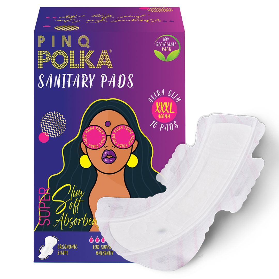 PINQ POLKA Sanitary Pads For Women|10 Pads XXXL 400MM |Premium Ultra Thin Heavy Flow, Maternity |Wider Back with 5 way Sticking|Organic Cotton Soft Rash Free|Biodegradable Diposable Bags| Toxin Free