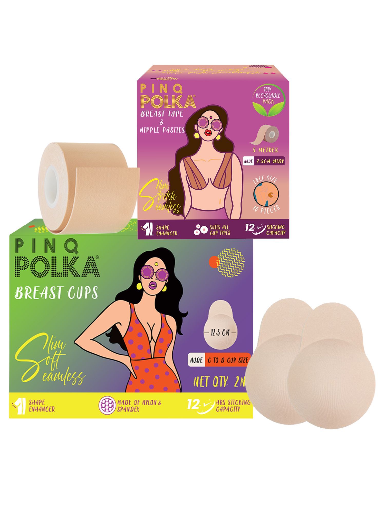 PINQ POLKA Premium Reusable Breast Lift Cup (Nude) (C-D Cup) - 2 Pc & Breast Tape (Nude) for Push up/Lift - 1 Pc