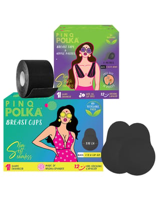 PINQ POLKA Premium Reusable Breast Lift Cup (Black) (A-B Cup) 2 pcs & Breast Tape (Black) for Push up/Lift, 1 Pc