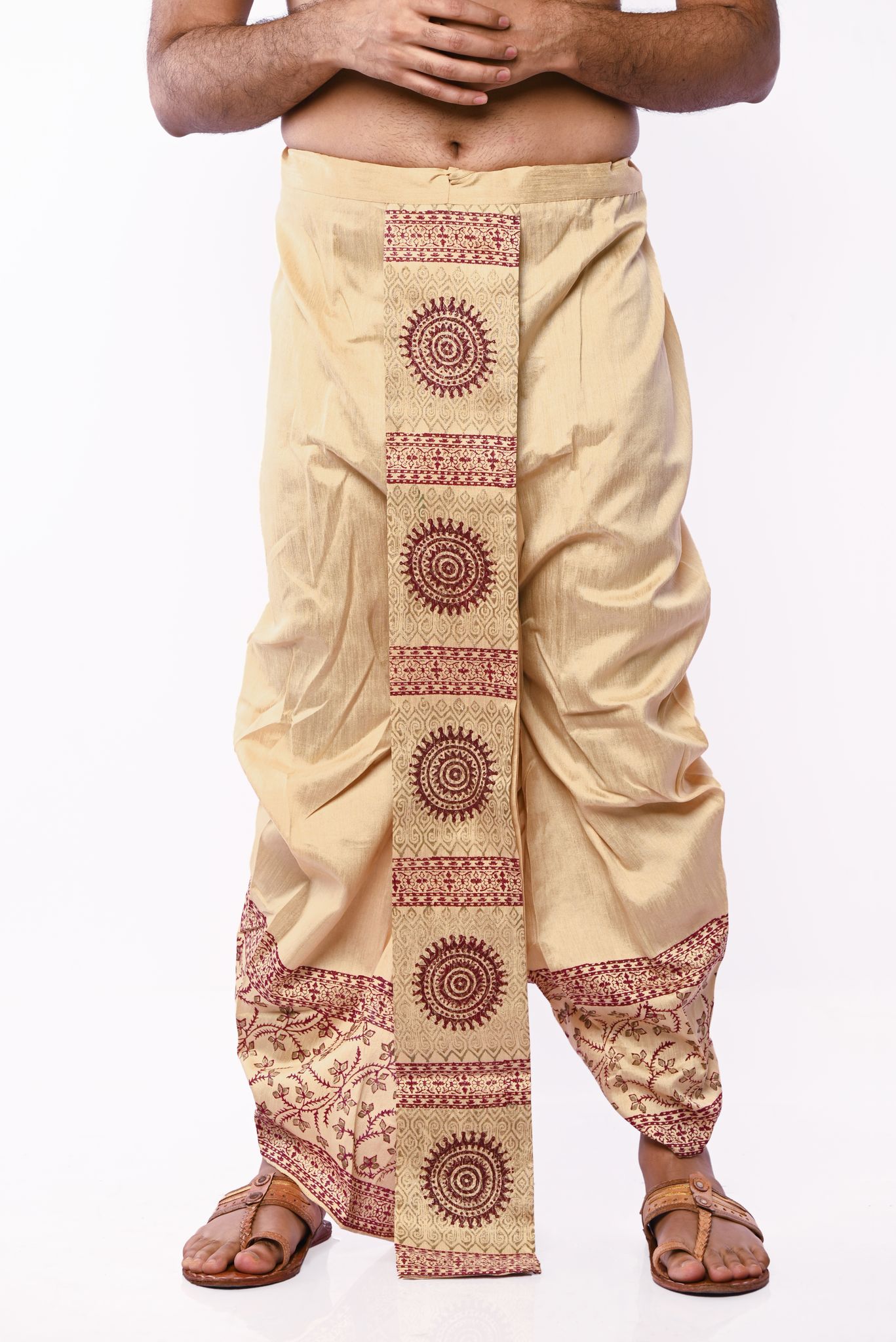 Oblik's Beige 01 Hand Block Print Dupion Silk Dhoti For Men