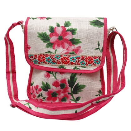 Handcrafted Printed Jute Bag/Sling Jute Bag/Flowers Print Off-White Jute Bag, Jute Bag