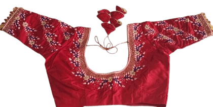  Red Embroidered Boat Neck Blouse