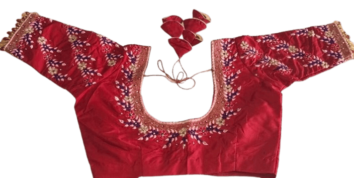  Red Embroidered Boat Neck Blouse