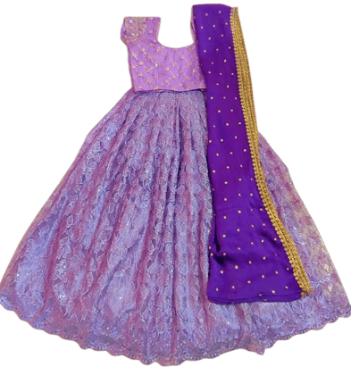  Girls' Embroidered Netted Lehenga Choli With Dupatta Set (Purple)