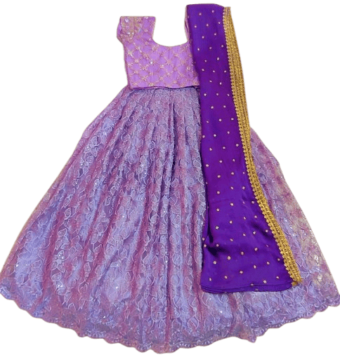  Girls' Embroidered Netted Lehenga Choli With Dupatta Set (Purple)