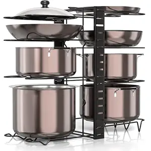 Diy Methods Iron Metal Portable Pot Countertop Pan Rack Organizer 8 Pot Holders, 4-Tier Each Side, Tier Shelf, Cabinet Pantry Pot Pan Lid Holder (Black)