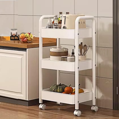 KT-W3 Kitchen Storage Rack, Steel Kitchen Trolley with Wheels, Hooks and 3-Layer Baskets, Vegetable Stand for Kitchen Organizer, Onion Potato Basket for Storage, Loading Per Layer, White