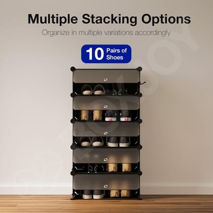 5 Shelf Shoe Rack Box Organizer with Door Magnet and 5 Hooks Steel Holder for Home Shoes Storage, PP Plastic Cabinets with Metal Door Frame, Slipper Stand (Black Rack, Translucent Door)