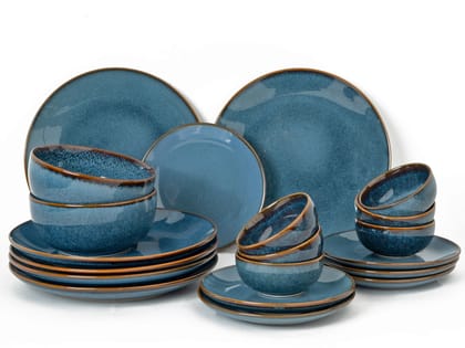 Handcrafted Stoneware Reactive Glaze Ceramic Dinner Set, 20 Pieces Serving for 6, Microwave and Dishwasher Safe, Bone-ash Free, Crockery Set for Dining and Gifting, Greenish Blue