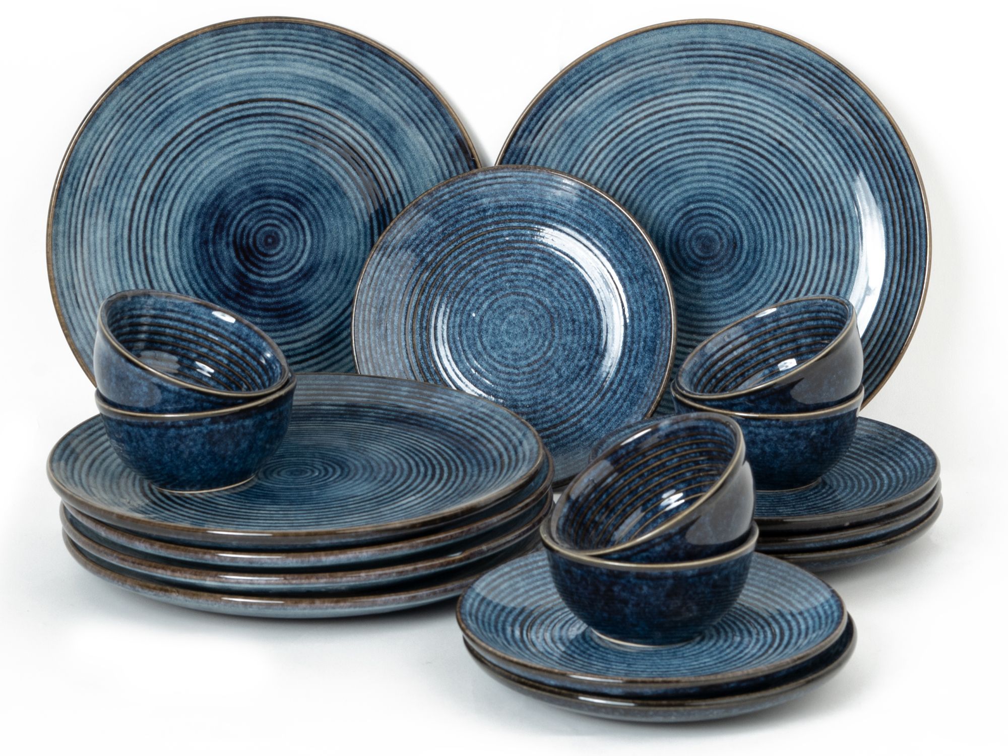 Reactive Handcrafted Premium Ceramic Dinner Set | 6 Dinner Plates, 6 Quarter Plates, and 6 Small Dinner Bowl | Stoneware | Microwave and Dishwasher Safe | Pack of 18 | Reactive Blue