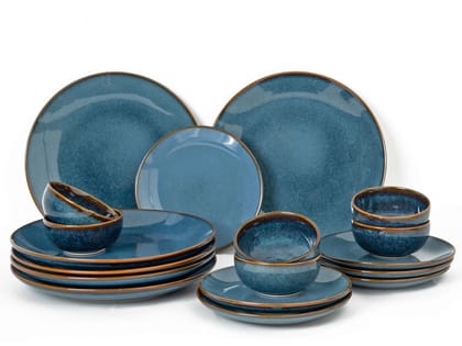 Reactive Handcrafted Premium Ceramic Dinner Set | 6 Dinner Plates, 6 Quarter Plates, and 6 Small Dinner Bowl | Stoneware | Microwave and Dishwasher Safe | Pack of 18 | Greenish Blue