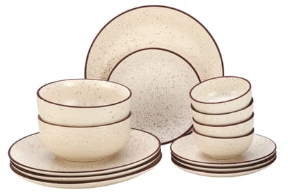 Handcrafted Stoneware Reactive Glaze Ceramic Dinner Set, 14 Pieces Serving for 4, Microwave and Dishwasher Safe, Bone-ash Free, Crockery Set for Dining and Gifting, Beige Speckeld