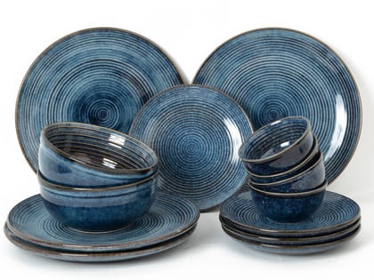 Handcrafted Stoneware Reactive Glaze Ceramic Dinner Set, 14 Pieces Serving for 4, Microwave and Dishwasher Safe, Bone-ash Free, Crockery Set for Dining and Gifting, Reactive Blue