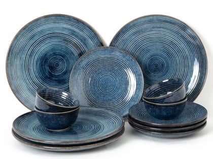 Handcrafted Stoneware Reactive Glaze Ceramic Dinner Set, 12 Pieces Serving for 4, Microwave and Dishwasher Safe, Bone-ash Free, Crockery Set for Dining and Gifting, Reactive Blue