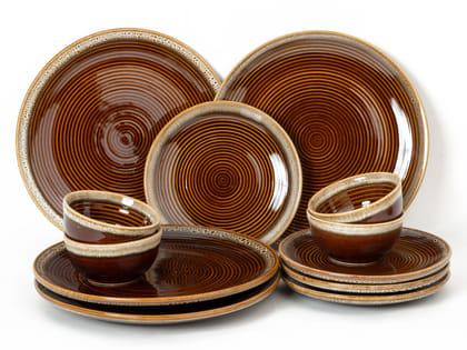 Handcrafted Stoneware Reactive Glaze Ceramic Dinner Set, 12 Pieces Serving for 4, Microwave and Dishwasher Safe, Bone-ash Free, Crockery Set for Dining and Gifting, Peanut Brown