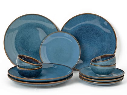 Handcrafted Stoneware Reactive Glaze Ceramic Dinner Set, 12 Pieces Serving for 4, Microwave and Dishwasher Safe, Bone-ash Free, Crockery Set for Dining and Gifting, Greenish Blue