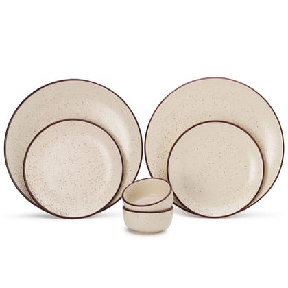 Handcrafted Stoneware Reactive Glaze Ceramic Dinner Set, 6 Pieces Serving for 2, Microwave and Dishwasher Safe, Bone-ash Free, Crockery Set for Dining and Gifting, Beige Speckeld