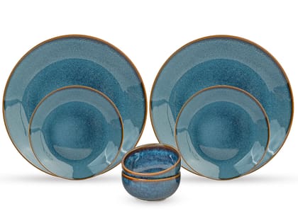 Handcrafted Stoneware Reactive Glaze Ceramic Dinner Set, 6 Pieces Serving for 2, Microwave and Dishwasher Safe, Bone-ash Free, Crockery Set for Dining and Gifting, Greenish Blue