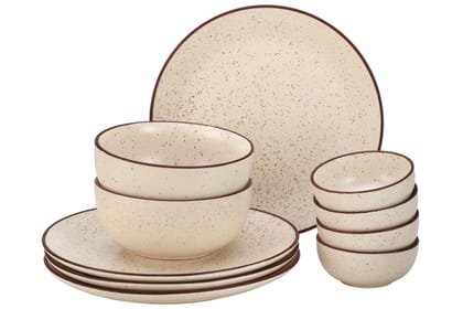 Handcrafted Stoneware Ceramic Dinner Set, 10 Pieces Dish Set Serving for 4, Microwave and Dishwasher Safe, Bone-ash Free, Crockery Set for Dining and Gifting, Beige Speckled