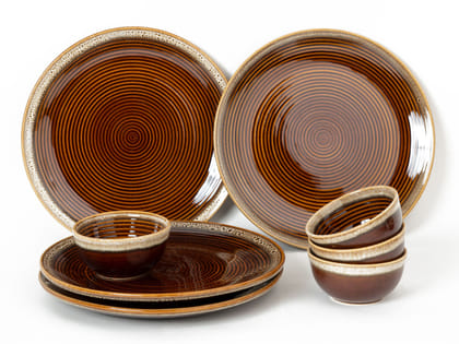 Handcrafted Stoneware Reactive Glaze Ceramic Dinner Set, 8 Pieces Serving for 4, Microwave and Dishwasher Safe, Bone-ash Free, Crockery Set for Dining and Gifting, Peanut Brown