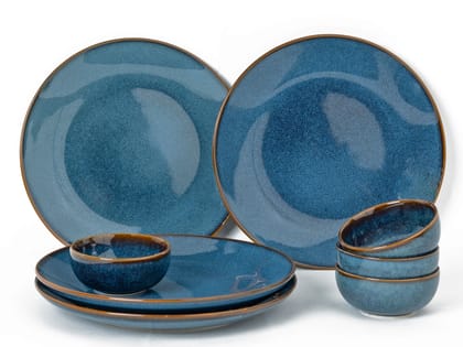 Handcrafted Stoneware Reactive Glaze Ceramic Dinner Set, 8 Pieces Serving for 4, Microwave and Dishwasher Safe, Bone-ash Free, Crockery Set for Dining and Gifting, Greenish Blue