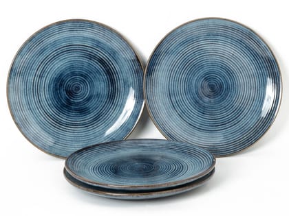 Handcrafted Reactive Glaze Ceramic Dinner Plates, 4 Pieces Serving for 4, Microwave and Dishwasher Safe, Bone-ash Free, Full Plate Set Crockery for Dining and Gifting, Reactive Blue