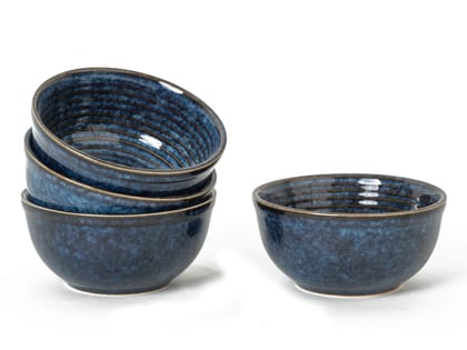 Reactive Handpainted Premium Ceramic 4 Small Dinner Bowl| Dessert Bowl, Soup Bowl, Salad Bowl | Stoneware | Microwave and Dishwasher Safe | Pack of 4 | Reactive Blue