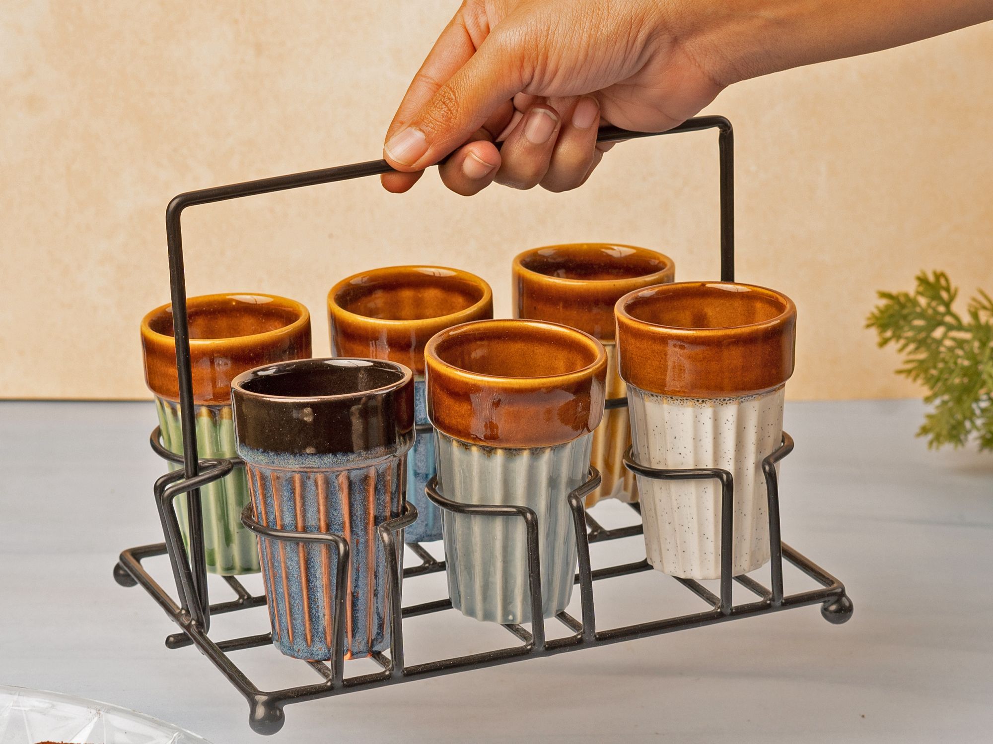 Ceramic Cutting Chai Set of 6 Kulhad Tea Cups with Foldable Metal Stand Multicolor Dhaba Style