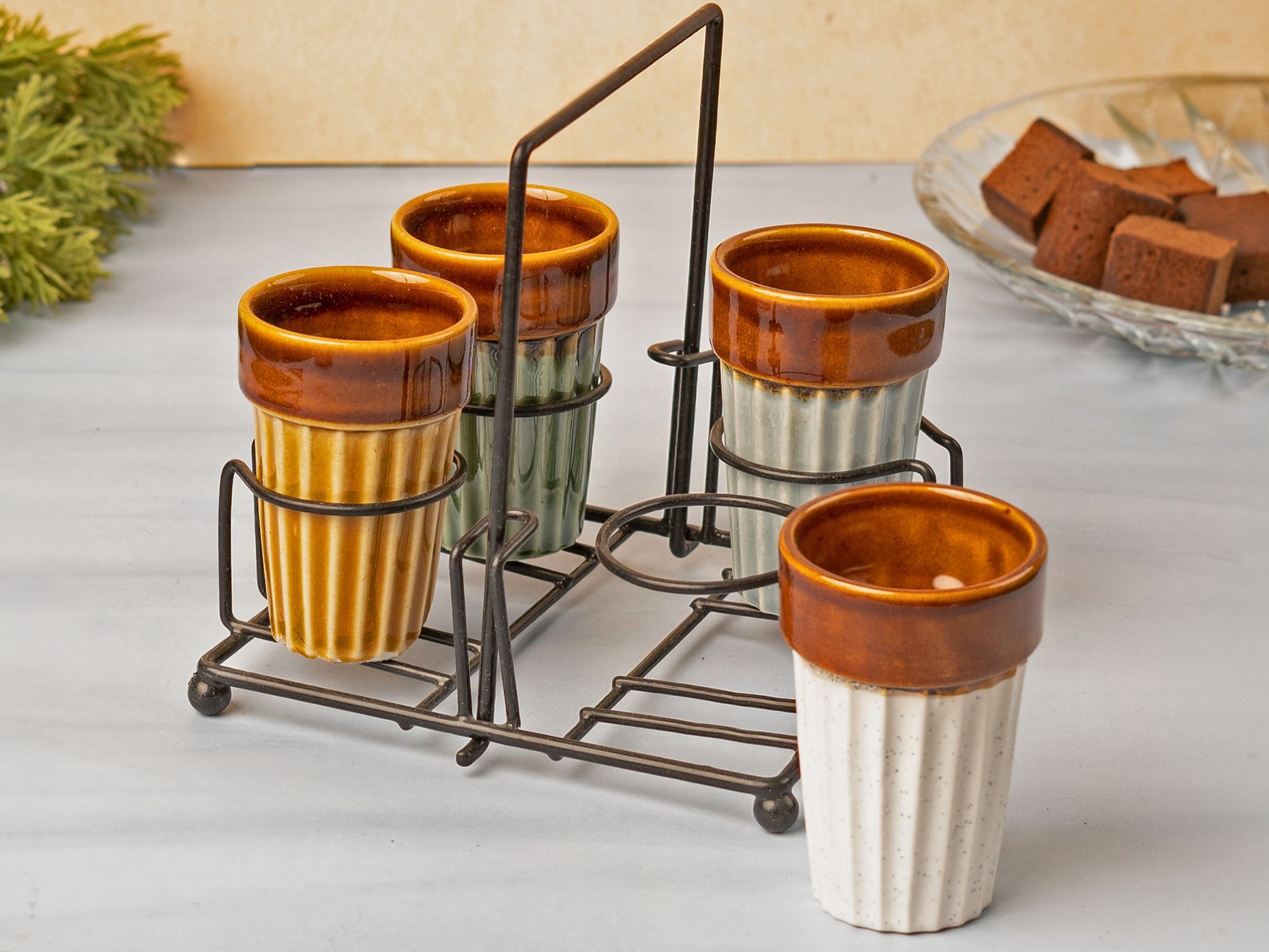 Ceramic Cutting Chai Kulhad Cups Set of 4 with Foldable Metal Stand for Tea, Coffee, Milk, and Other Beverages