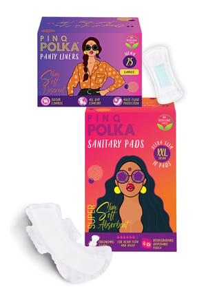 PINQ POLKA Premium Organic Soft Cotton Feel Rash Free 25 Pantyliners for Discharge And 10 Ultra Thin Sanitary Pads for Night and Heavy FlowCombo With Biodegradable Packaging, Pack of 35 XXL + Large PL