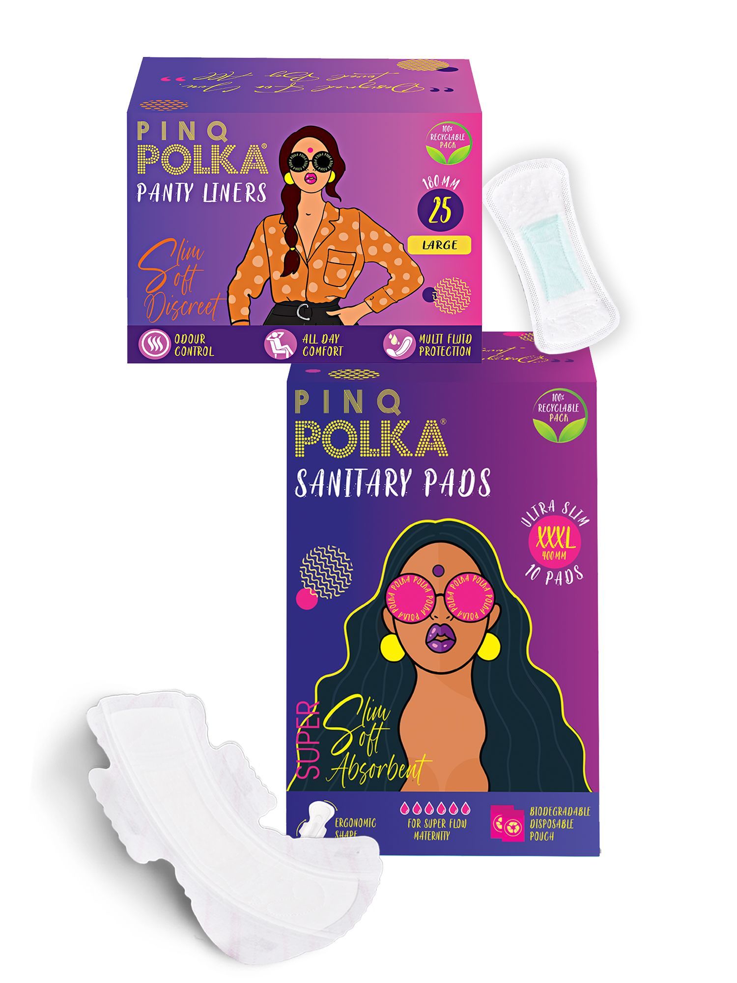 PINQ POLKA Premium Organic Soft Cotton Feel Rash Free 25 Pantyliners for Discharge And 10 Ultra Thin Sanitary Pads for Night and Heavy FlowCombo With Biodegradable Packaging, Pack of 35 XXXL+Large PL