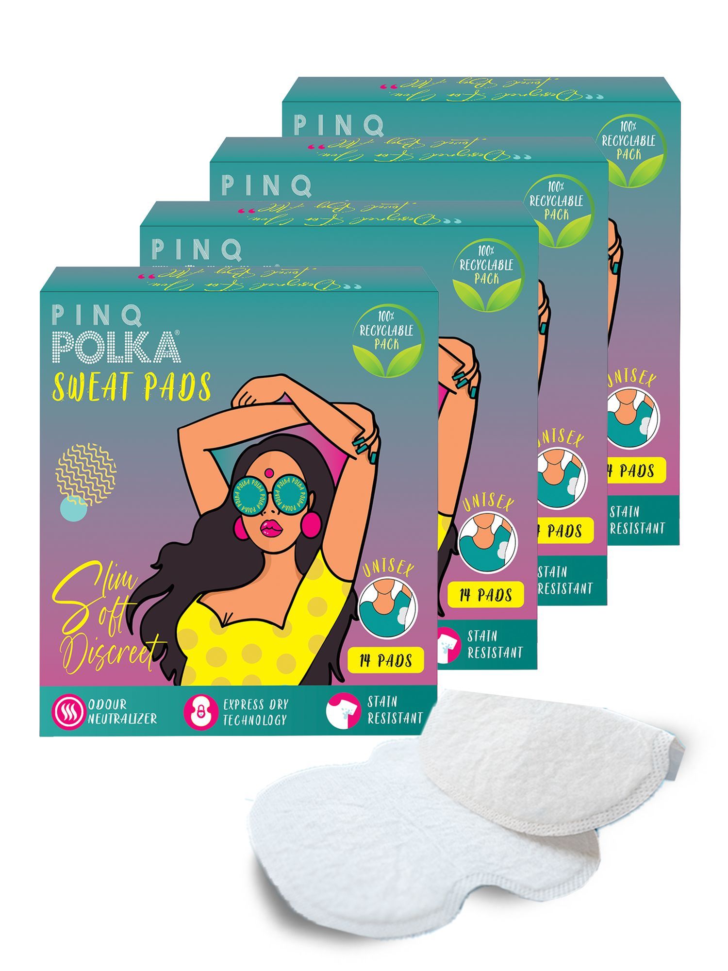 PINQ POLKA Sweat Pads For Underarms For Women & Men | Armpit pads| Prevents Stains |Absorbs Sweat & Unpleasant Odour | Breathable 56 Count (Pack of 4)