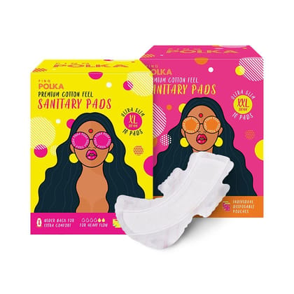 PINQ POLKA Premium Organic Soft Cotton Feel Rash Free Ultra Thin Sanitary Pads with All Combos - Mix Combos XL + XXL