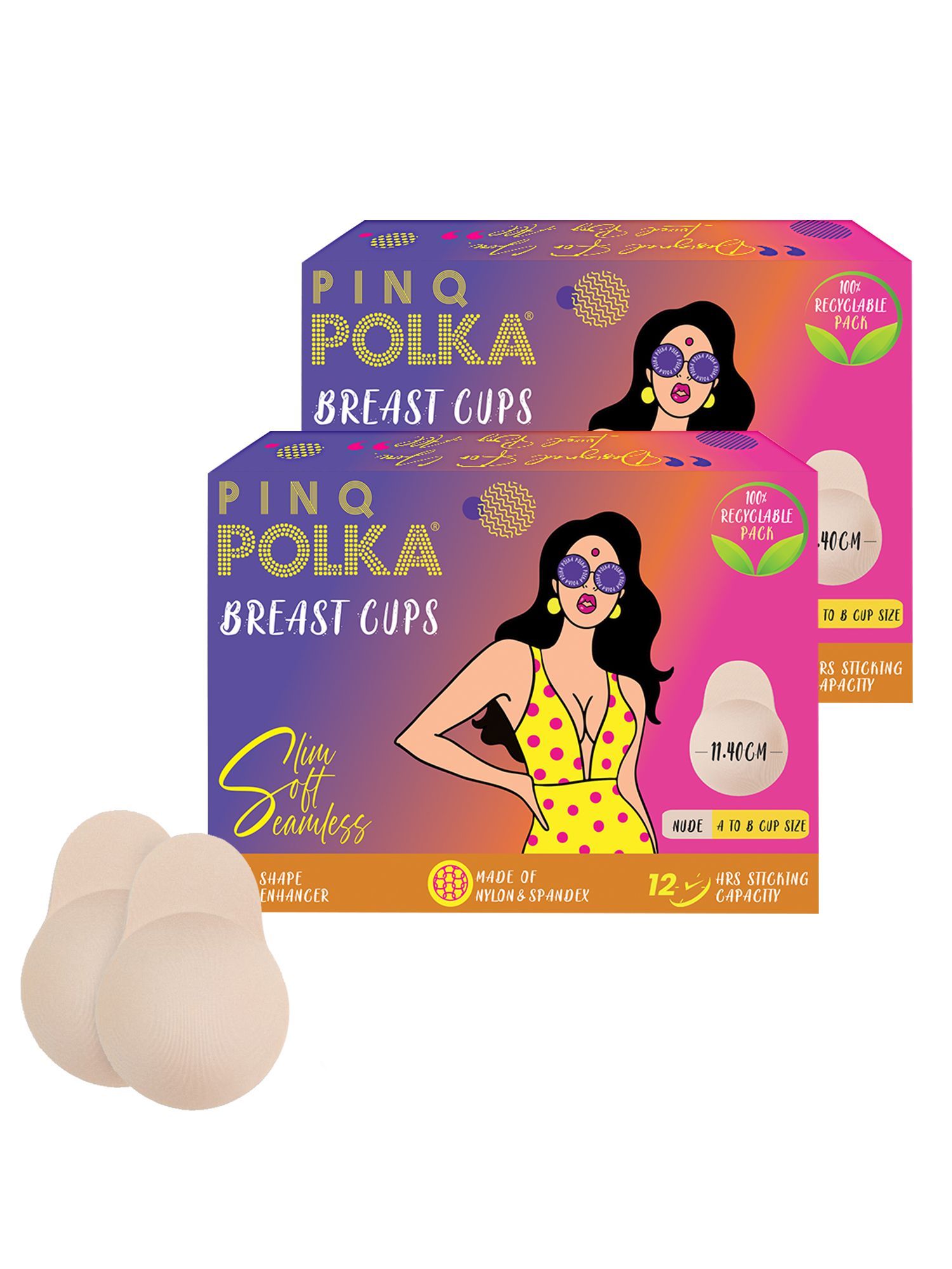 PINQ POLKA Reusable Silicone Bra Lift Cup for Women|Stick on|Invisible Breast Lift Cups |Skin- Friendly Adhesive|Up to 12 Hrs Sticking Capacity|Reusable Cloth Bag A-B Nude (Pack of 2) Nude