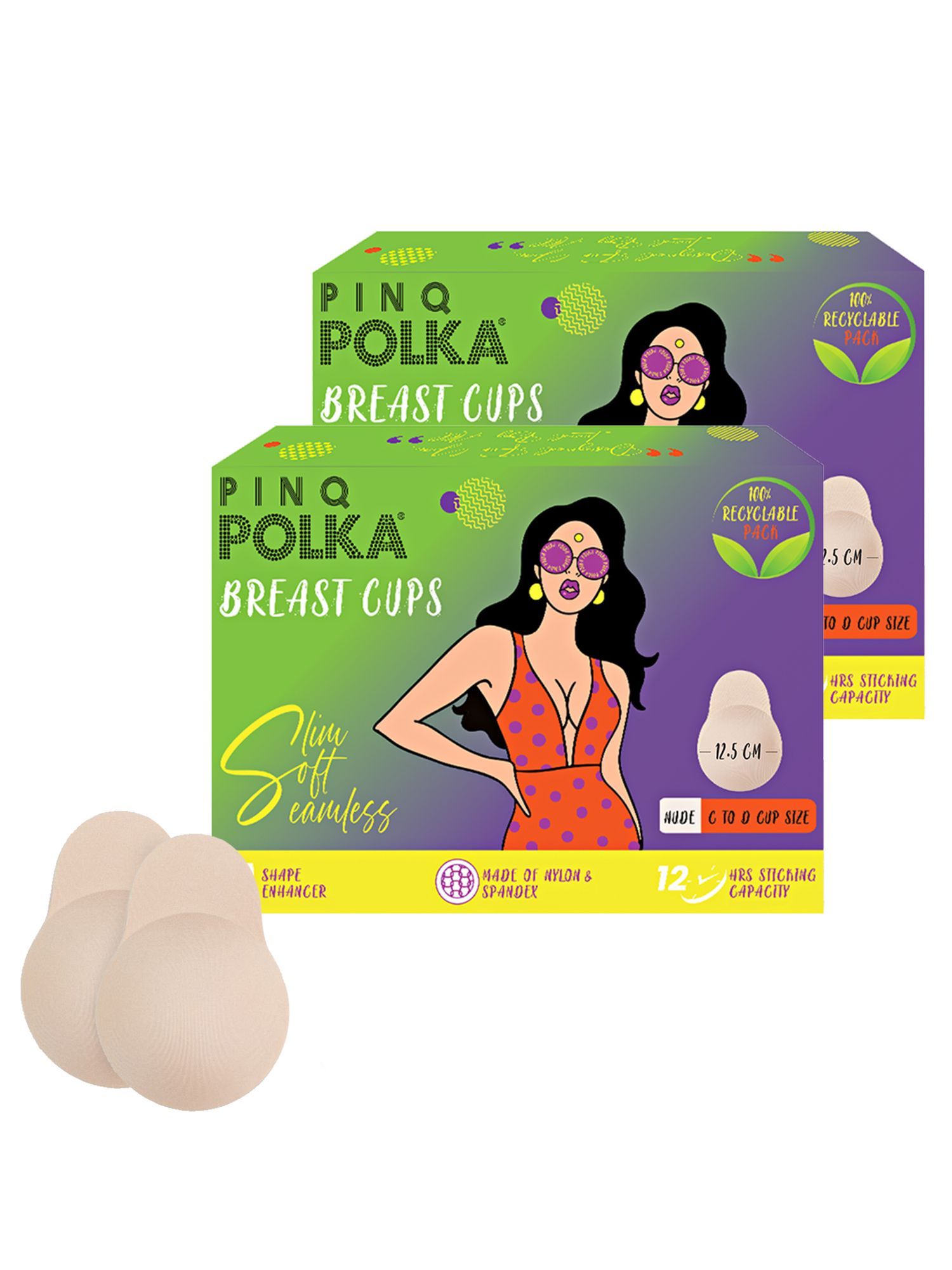 PINQ POLKA Reusable Silicone Bra Lift Cup for Women|Stick on|Invisible Breast Lift Cups |Skin- Friendly Adhesive|Up to 12 Hrs Sticking Capacity|Reusable Cloth Bag C-D Nude (Pack of 2) Nude