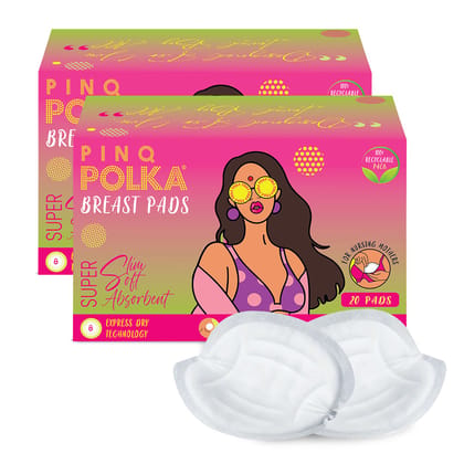 PINQ POLKA Premium Organic Cotton Feel, Breathable, Ultra Thin Super Absorbent Discreet Disposable Nursing Breast Pads 40 Pads (Pack of 2)