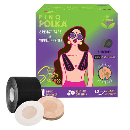 PINQ POLKA Boob Tape For Women for Breast Lift | Perfect Cleavage|Invisible |Breathable| Skin- Friendly Adhesive |Up To 12 Hrs Sticking Capacity | Reusable Cloth Bag| 7cm Wide & 5m long |1 Pc Black