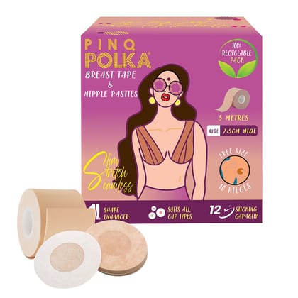 PINQ POLKA Boob Tape For Women for Breast Lift | Perfect Cleavage|Invisible |Breathable| Skin- Friendly Adhesive |Up To 12 Hrs Sticking Capacity | Reusable Cloth Bag| 7cm Wide & 5m long |1 Pc Nude