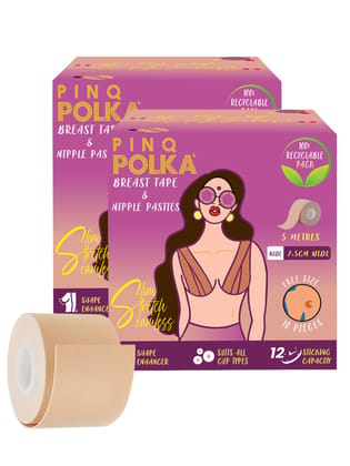 PINQ POLKA Boob Tape For Women for Breast Lift | Perfect Cleavage|Invisible |Breathable| Skin- Friendly Adhesive |Up To 12 Hrs Sticking Capacity | Reusable Cloth Bag| 7cm Wide & 5m long |1 Pc Nude (Pack of 2)