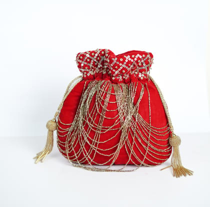 Embellished Red velvet with golden color embroidered potli bag