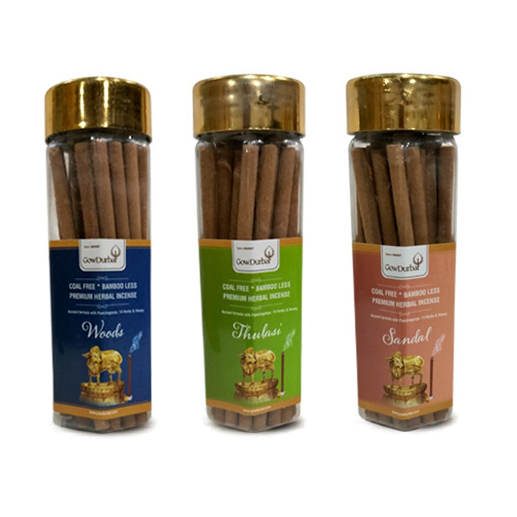 GOW DURBAR Rejuvenating Bamboo Less Incense STICKS COMBO ( THULASI, WOODS, SANDAL )(PACK OF 3)