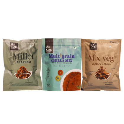 Combo | NoCap Super Saver Pack of 3| Multigrain Chilla Premix 200 gm (1), Millet Jalapeno Chips 30 gm (1), Mix Veg chips 30 gm (1)