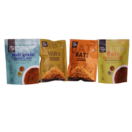 Combo | NoCap Super Saver Pack of 4 | Multigrain Chilla Premix 200 gm (1), Oats Chilla Premix 200 gm (1), Millet Tandoori Namken 50 gm (1), Oats Namkeen 50 gm (1)