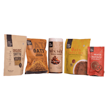 Combo of 5 |Oats Chilla Premix 200 gm (1), Mix Veg Classi Masala Chips Box 150 gm (1), Sattu Vanilla Shake 220 gm (1), Tomato Chutney Instant Mix 50 gm (1), Oats Namkeen 50 gm (1)