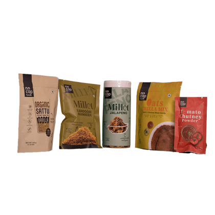 Combo of 5 |Oats Chilla Premix 200 gm (1), Millet Jalapeno Chips Box 150 gm (1), Sattu Vanilla Shake 220 gm (1), Tomato Chutney Instant Mix 50 gm (1), Millet Tandoori Namkeen 50 gm (1)